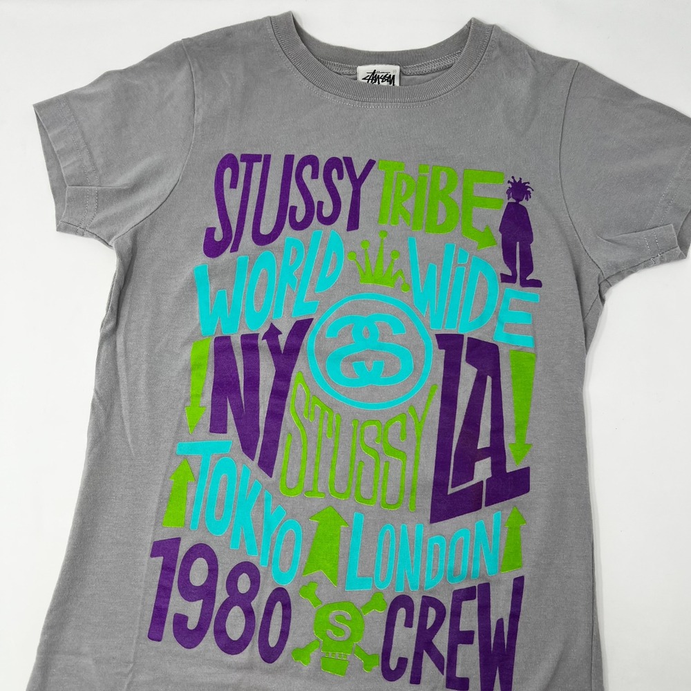 Vintage Stussy Tribe Worldwide Gray Graphic T-Shirt Girls Small‎ Made in USA